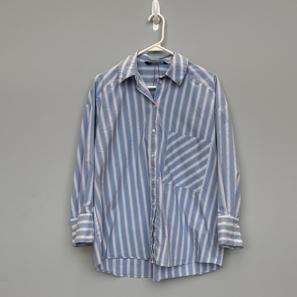 Zara Vertical Striped Button-Down Shirt in Light Blue